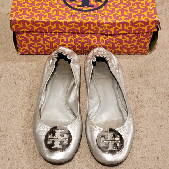 Tory Burch Shoes - Tory Burch Reva Metallic Silver Ballet Flats 8.5